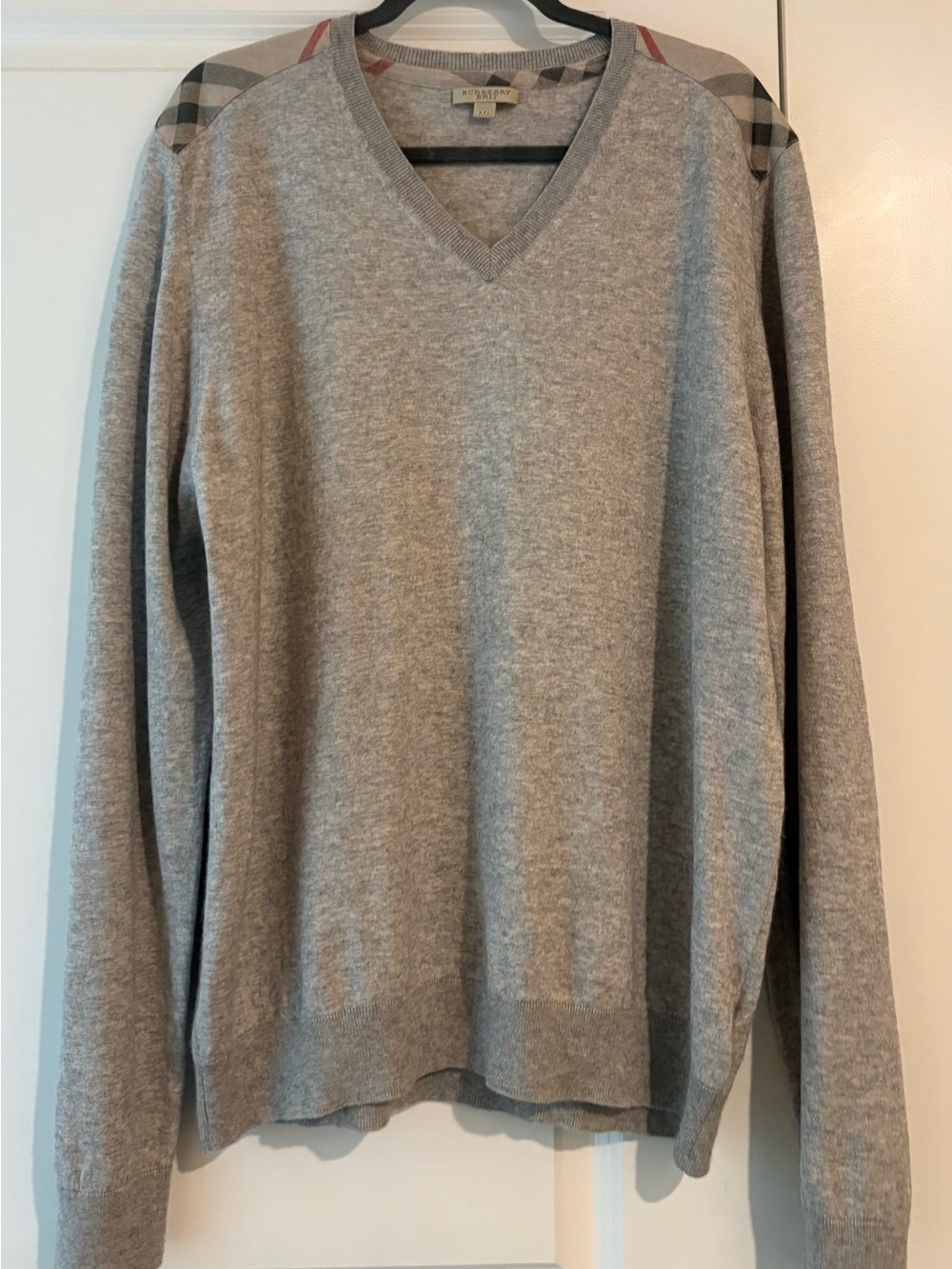 Burberry Gray V-Neck Sweater with Signature Check Shoulder